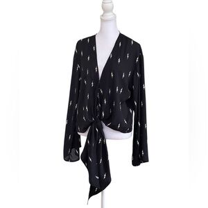 Buddy Love Black Tie-Front Blouse with Lightning Bolts Print Sz S Oversized